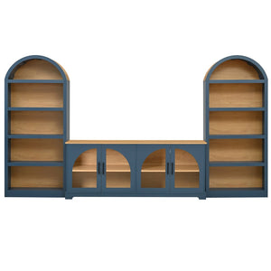 English Elm 3-piece Farmhouse Entertainment Center with Arched Glass Doors and Open Tower Shelving Blue N721S000070C