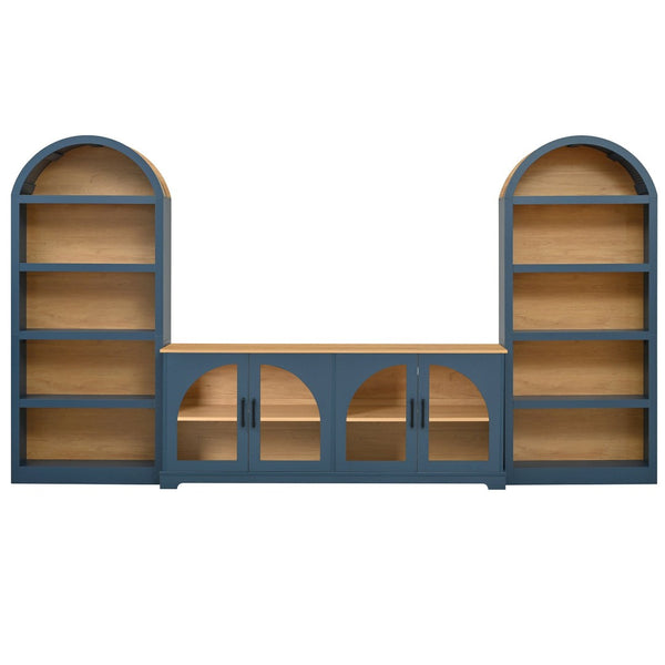 English Elm 3-piece Farmhouse Entertainment Center with Arched Glass Doors and Open Tower Shelving Blue N721S000070C