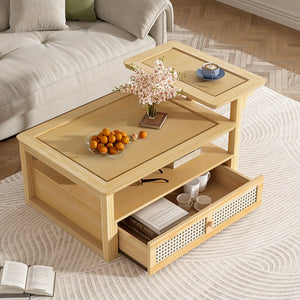 English Elm VIBE Rustic Rattan Coffee Table with 2 Tabletops, Adjustable Shelf and Spacious Drawer for Living Room Natural N724P232190N