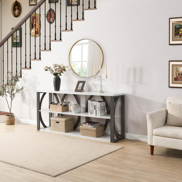 English Elm 3-Tier Industrial Console Table with Circular Frame Design, 70.87" Long Narrow Entry Shelf for Hallway White+gray W2317P230074