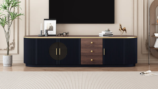 English Elm VIBE Elegant 70.8" Modern TV Stand with Gold Accents, Glass Cabinets, 3 Drawers & Cable Management Black SJ000131AAB