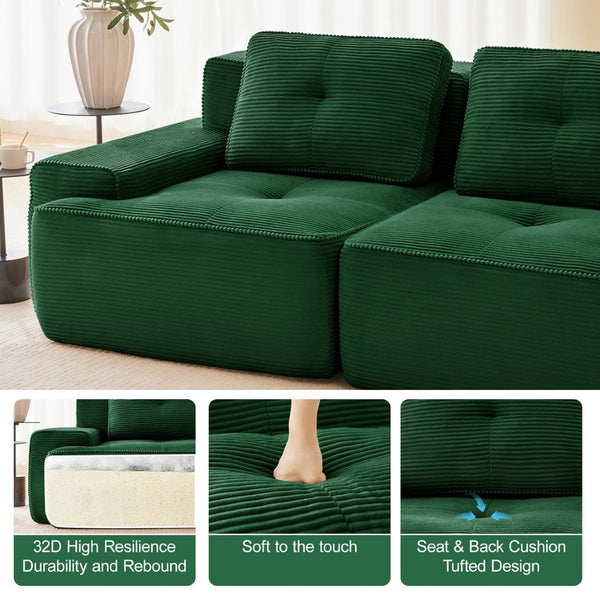 English Elm Modern Corduroy Sectional Sofa Deep Seat V Shape Tufted Couch with Movable Ottoman Green W714S01582