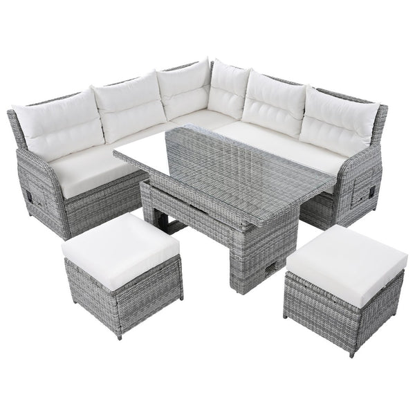 English Elm Outdoor Rattan Furniture Set With Adjustable Recliners, Versatile Tables, And Ottomans For Patios N719Z000120A-GIGA