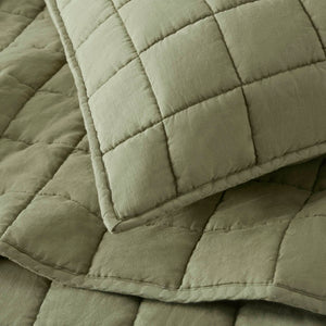 English Elm 3-piece French Linen Quilt Set King Garment Washed Box Stitch Breathable Bedding Olive Green B035P408302