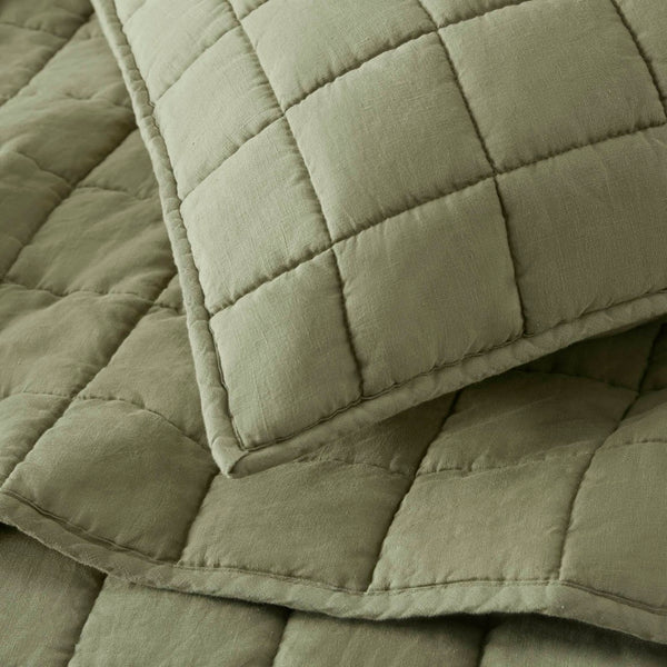 English Elm 3-piece French Linen Quilt Set King Garment Washed Box Stitch Breathable Bedding Olive Green B035P408302