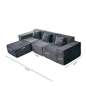 English Elm L-shaped Corduroy Sectional with Ottoman Three Seat Modular Sofa for Modern Living Dark Gray W2699S00080