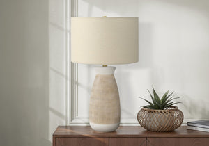 English Elm Lighting, 27"h ceramic table lamp with textured vase base, beige linen drum shade & gold finial Cream 17 L x 17 W x 19 H B2710P220140