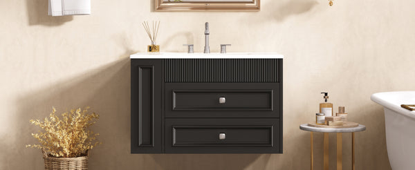English Elm 30'' Wall Mounted Bathroom Vanity with Ceramic Sink, Floating MDF Cabinet, Soft-Close Drawers & Ample Storage Black N710P334915B