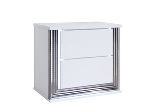 English Elm MOON Smooth White Nightstand with LED Accent Lighting, High Gloss Solid Wood + MDF Modern Elegance B201P227106