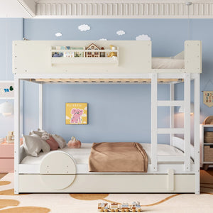 English Elm Queen Bunk Bed with Trundle Solid Pine Kids Car Themed Frame Built-in Bookshelf Beige+White W1580S00446