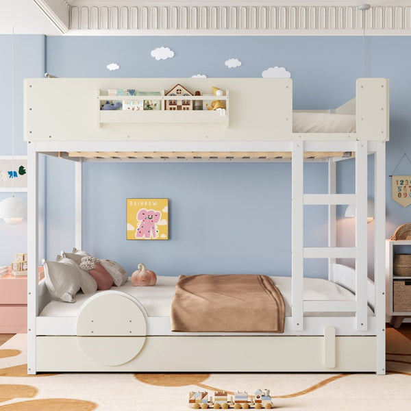 English Elm Queen Bunk Bed with Trundle Solid Pine Kids Car Themed Frame Built-in Bookshelf Beige+White W1580S00446