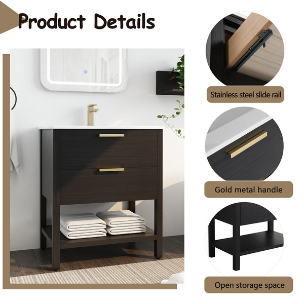 English Elm 30 inch Freestanding Bathroom Vanity with Ceramic Sink, 2 Soft-Close Drawers, Golden Metal Handles, Sturdy Legs, Easy Install — Durable Storage & Elegant Finish W999S00121
