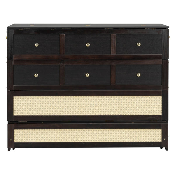 English Elm Full Size Murphy Wall Bed Cabinet with Rattan Panel Detailing and Storage Drawers Espresso N708P336203P