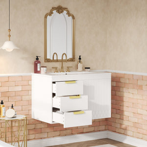 English Elm 30" Wall Mounted Bathroom Vanity with Ceramic Basin Sink, Floating Storage, Soft-Close Doors, Modern Elegance White N710P324096K