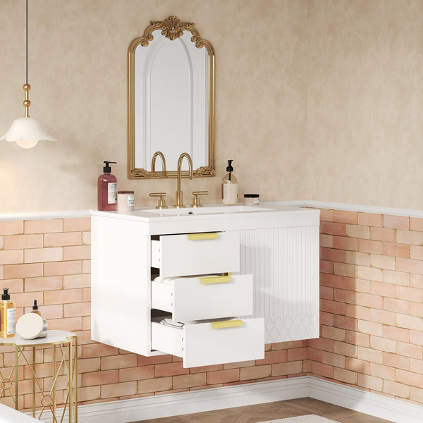 English Elm 30" Wall Mounted Bathroom Vanity with Ceramic Basin Sink, Floating Storage, Soft-Close Doors, Modern Elegance White N710P324096K