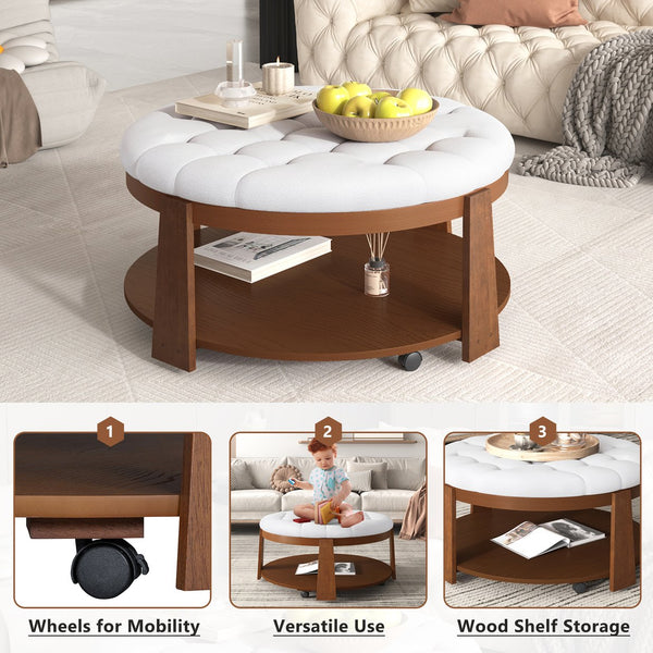 English Elm Modern Round Oversized Ottoman Coffee Table with Button Tufting, Waterproof Linen, Wheels & Lower Wood Shelf for Storage and Seating Ivory White N735P180224K