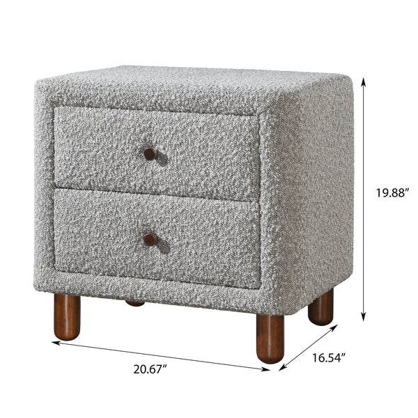 English Elm Grey Boucle Curved 2-Drawer Upholstered Nightstand with Wooden Legs — Midcentury Chic Storage Accent B062P209004