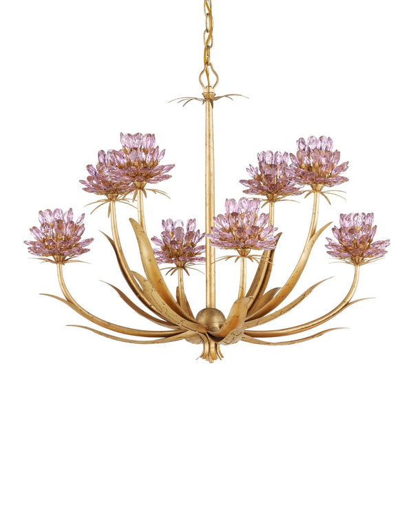 Currey & Company Marilee Medium Chandelier - Elegant Floral Design With Dutch Gold Leaf Finish & Crystal Accents Pink Crystal ,Wrought Iron 9000-1306-currey-company