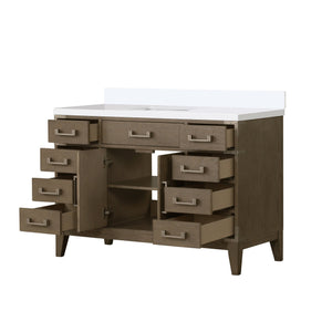 English Elm Grey Oak Single Bath Vanity With White Quartz Top - Elegant 48" W Storage & Soft-Close Drawers B2731P259816