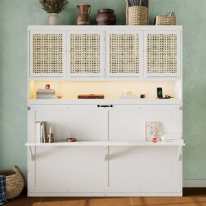 English Elm Twin Murphy Bed with Rattan Cabinet Doors Led Lighting and Usb Charging for Small Spaces White LP000740AAK