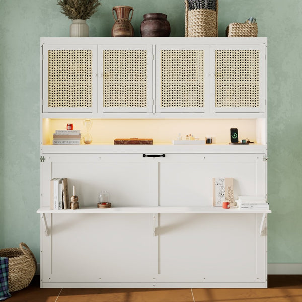 English Elm Twin Murphy Bed with Rattan Cabinet Doors Led Lighting and Usb Charging for Small Spaces White LP000740AAK