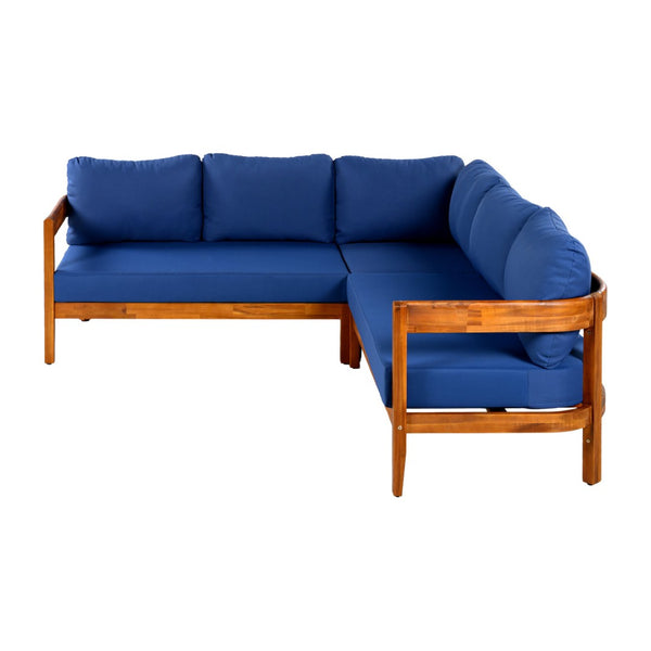 English Elm U_style Acacia Wood Outdoor L Shaped Corner Sofa Set with Arc Frame and Cushions Blue WY000481AAC