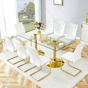 English Elm Table and Chair Set 8 Seater Tempered Glass Top with Pu Leather Dining Room Furniture Gold,Transparent,White W1151S04565