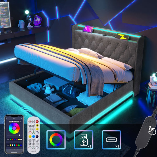 English Elm King Upholstered Bed with Surround LED, App/Remote Control, Hydraulic Storage, USB Type-C Charging Gray N736P188808G