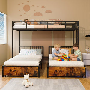 English Elm Triple Bunk Bed Steel Frame Sleeps Three Kids with Noise Reduced Powder Coated Design W3752S00004
