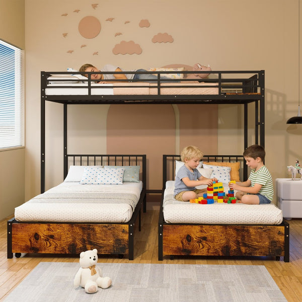 English Elm Triple Bunk Bed Steel Frame Sleeps Three Kids with Noise Reduced Powder Coated Design W3752S00004