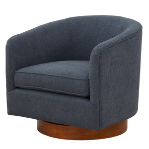 English Elm Miramar Plush Chenille Barrel Swivel Chair with Warm Wood Base, 360° Comfort and Removable Cushion Blue B050P322576