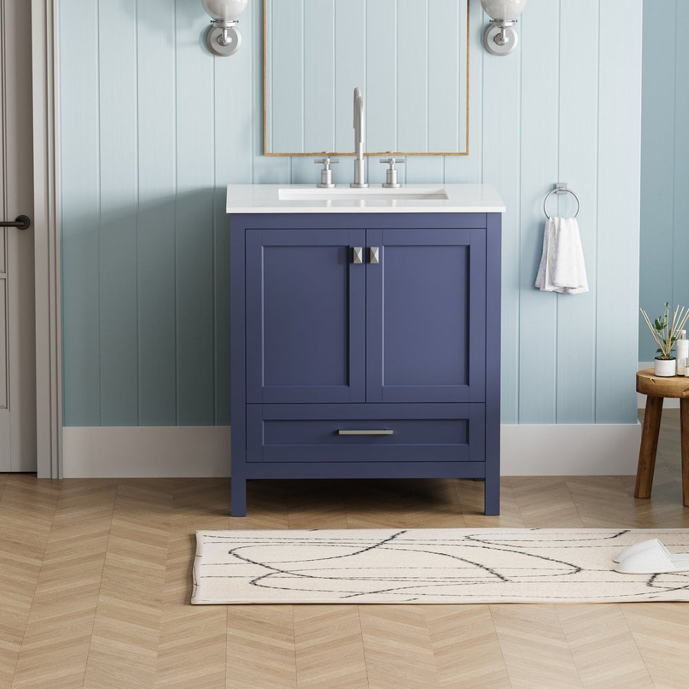 English Elm 30" Freestanding Vanity Solid Wood Frame Carrara Marble Top Navy Blue Powder Bath W1573P237849
