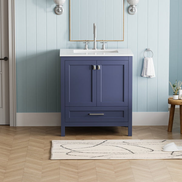 English Elm 30" Freestanding Vanity Solid Wood Frame Carrara Marble Top Navy Blue Powder Bath W1573P237849