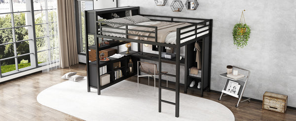 English Elm Metal Loft Bed With Wardrobe, L-Shaped Desk & Storage Cubes - Stylish Space-Saving Queen Solution W1580S00109