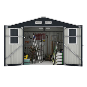 English Elm Outdoor Metal Storage Shed 8x8 Ft with Four Windows and Lockable Double Doors Dark Gray W1598S00041