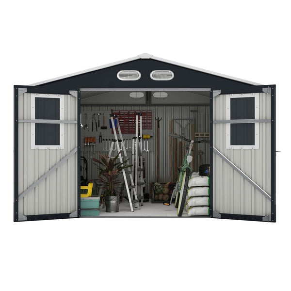 English Elm Outdoor Metal Storage Shed 8x8 Ft with Four Windows and Lockable Double Doors Dark Gray W1598S00041