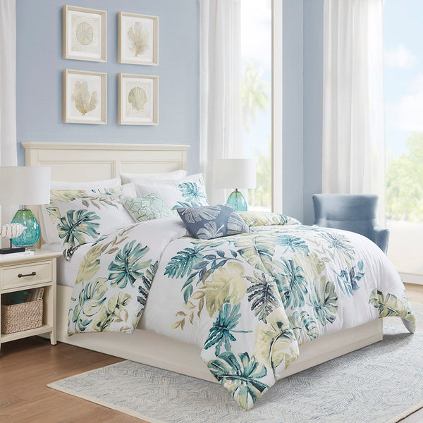 JLA Home Harbor House Blue - Cotton Coastal Tropical 5-Piece Duvet Ensemble with Oversized Green & Blue Foliage, OEKO-TEX Certified Comfort 90 L x 90 W x 0.13H HH12-1622