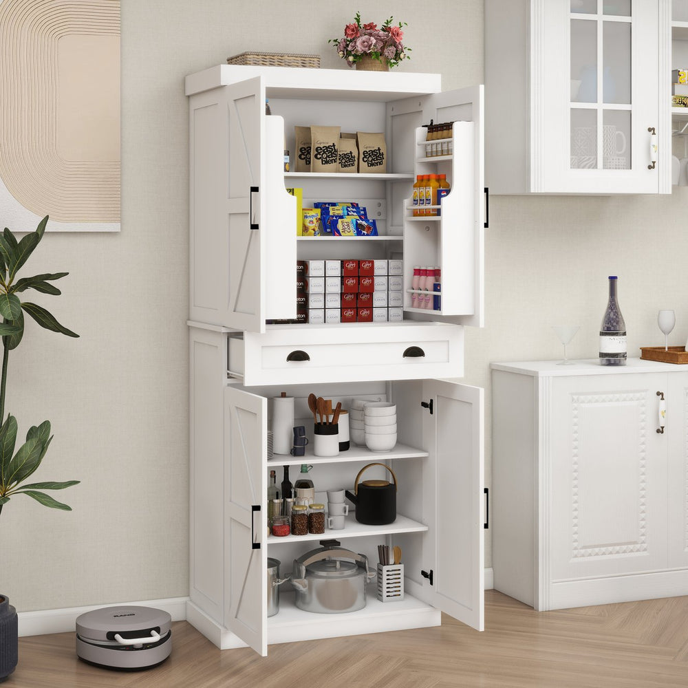 English Elm 71" Kitchen Pantry Storage Cabinet - 4 Doors, 1 Drawer, 2 Adjustable Shelves, Freestanding White Cupboard W282108550