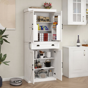 English Elm 71" Kitchen Pantry Storage Cabinet - 4 Doors, 1 Drawer, 2 Adjustable Shelves, Freestanding White Cupboard W282108550