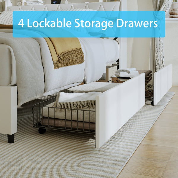 English Elm Full Bed Frame Ergonomic Headboard with USB Outlets, LED Light, Storage Shelf, Metal, Noise-Free W3107P327859