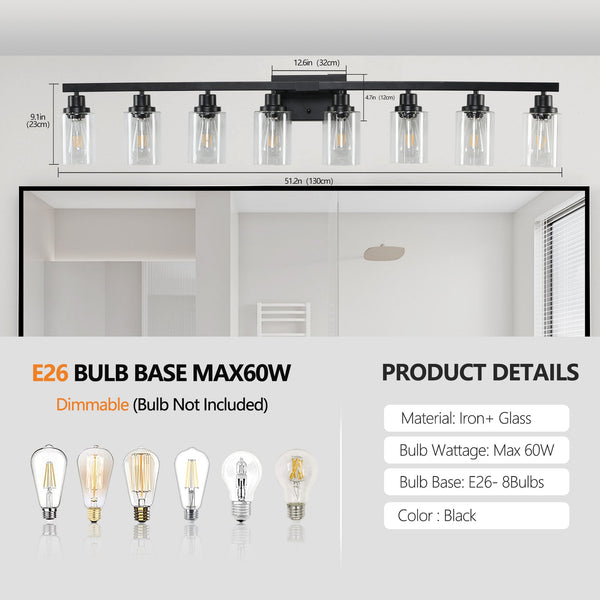 English Elm 51" Black 8-Light Vanity Light with Clear Glass Shades, Modern Iron Bathroom Wall Fixture for Mirror and Dressing Room W2312P374793
