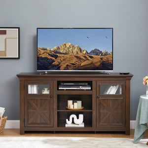 English Elm 2 Door Farmhouse Media Console with Glass Cabinet Panels and Open Shelving for Living Rooms W2275P389693