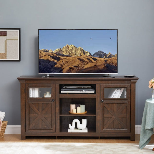 English Elm 2 Door Farmhouse Media Console with Glass Cabinet Panels and Open Shelving for Living Rooms W2275P389693