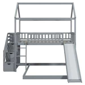 English Elm Twin Over Full Bunk Bed Playhouse Frame with Slide Staircase and Storage Drawers LT100129AAE