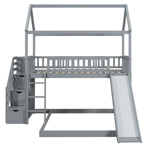 English Elm Twin Over Full Bunk Bed Playhouse Frame with Slide Staircase and Storage Drawers LT100129AAE
