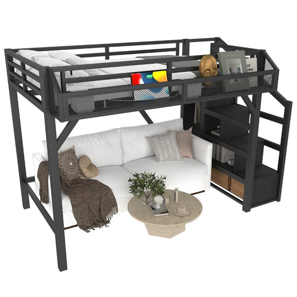 English Elm Full Xl Over Twin Triple Metal Bunk Bed with Storage Stairs and Shelves Black Black+Natural W1580S00407