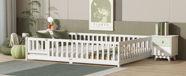 English Elm Queen Rubber Wood Floor Bed with Full Perimeter Safety Fence and Hinged Access Door White W504P429340