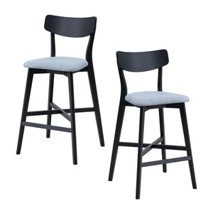 English Elm Wooden Modern Upholstered Bar Chairs Set of 2 — Solid Rubberwood Counter Stools with Footrest, Black Backrest Comfort W2582P197586