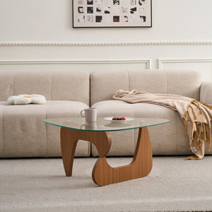 English Elm Glass Top Coffee Table Tempered Surface Oak Wood Base Mid-century Modern Living Room W1718P452039