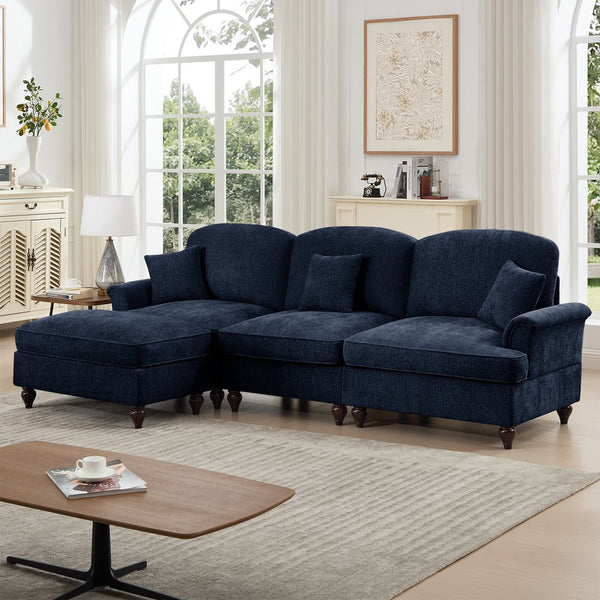 English Elm Mid Century three-seater modular L-shaped sectional sofa with removable ruffle skirts, chenille comfort and spindle legs — versatile, elegant seating solution Blue W3041S00256